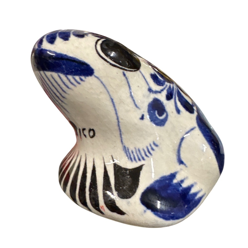 Handmade Ceramic Frog Figurine Blue White Talavera Style Mexico Decor